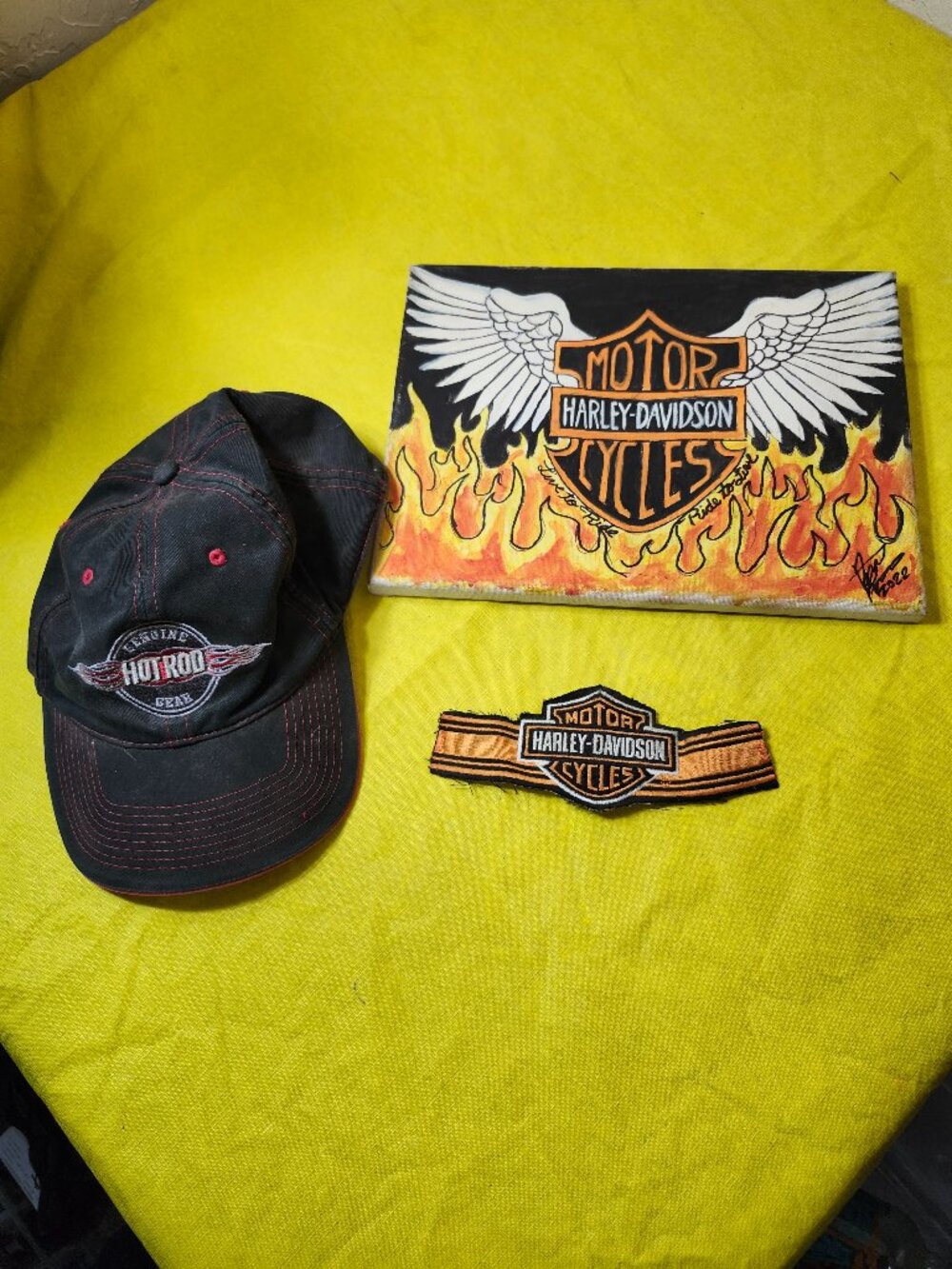 Lot of Hat, Patch, & Canvas Picture of Harley Davidson Motor cycles